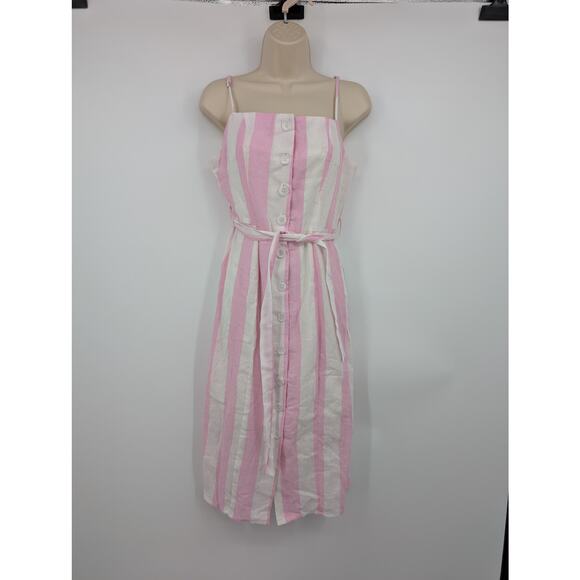Linen Lux Button Down Tie Dress Pink and White Stripe Candy Striper Preppy - Picture 1 of 8